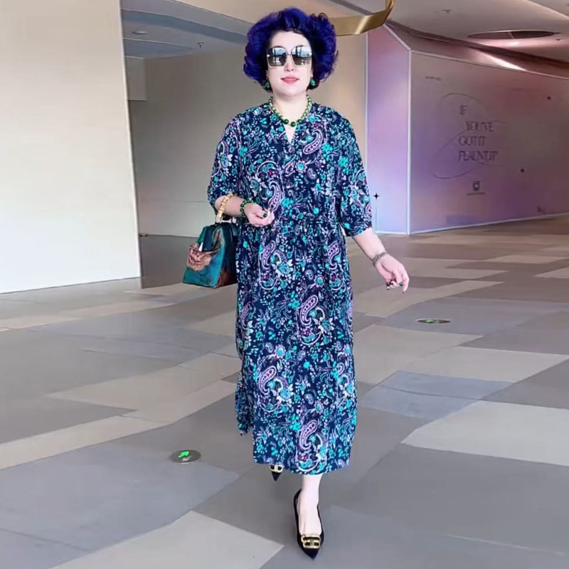 高品质!国风印花显瘦妈妈连衣裙