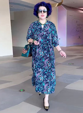 高品质！国风印花显瘦妈妈连衣裙