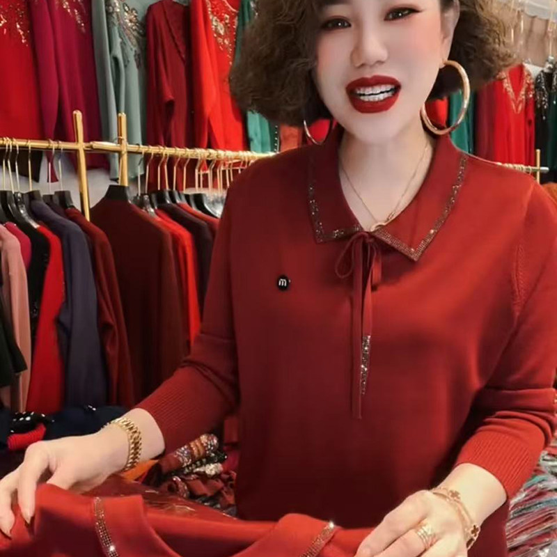 高品质!烫钻翻领系带针织打底衫
