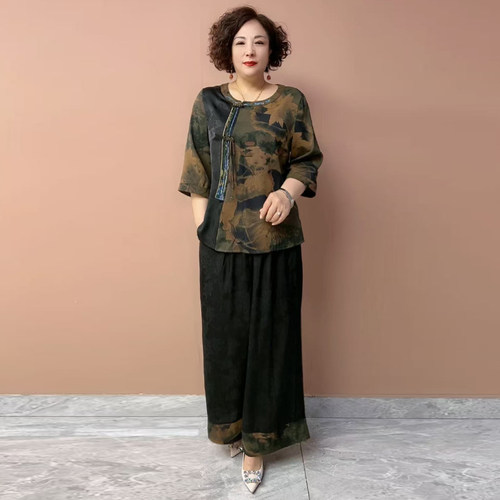 新中式国风妈妈真丝大码两件套装