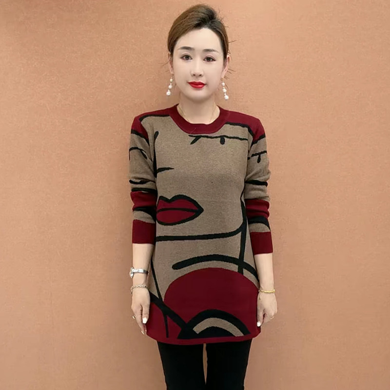 秋冬中年妈妈提花针织大版衫宽松休闲遮肚子中长款弹力打底毛衣裙