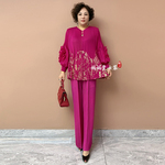 年轻气质提花钉珠立体花袖褶皱上衣裤子两件套女新款时尚轻奢女装