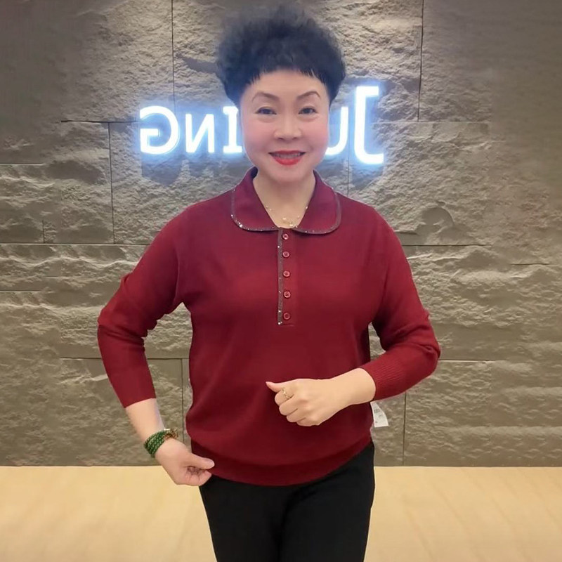 2025秋冬新款中老年妈妈装冰麻衫女POLO翻领宽松大码纯色减龄毛衣