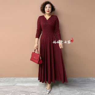 阔太太高端天丝提花连衣裙气质弹力大码时尚气质长款妈妈装大摆裙