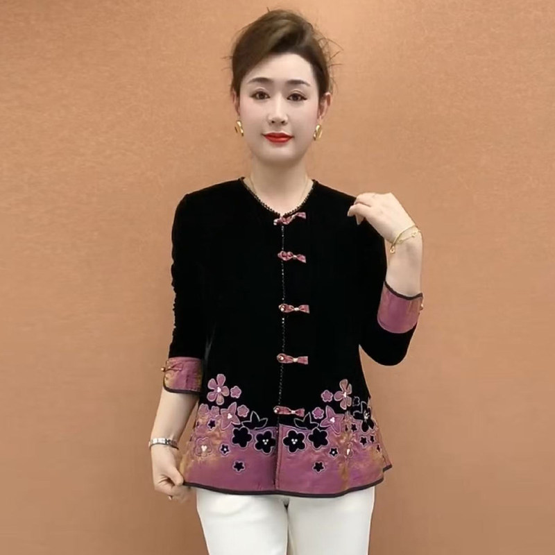 春秋显瘦盘扣丝绒拼接开衫中老年妈妈装洋气百搭减龄圆领国风外套,女装/女士精品,衬衫,淘宝优惠券,粉丝福利购,淘宝优惠卷