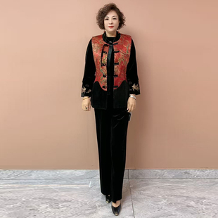 新中式妈妈丝绒拼接加棉马甲秋冬新款国风盘扣花色大码减龄两件套