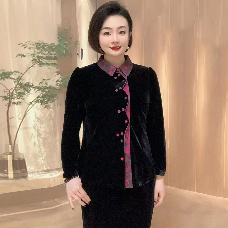 洋气妈妈丝绒开衫秋冬新款高档乔其纱拼接修身显瘦外穿翻领外套女