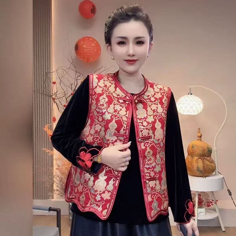 高端新款妈妈春季圆领缎面马甲外套时尚洋气提花宽松遮肉显瘦马夹,女装/女士精品,马夹,淘宝优惠券,粉丝福利购,淘宝优惠卷
