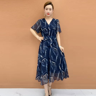 时尚大码女装2025夏季新款胖mm优雅连衣裙雪纺气质洋气显瘦中长裙