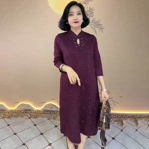 喜婆婆旗袍领针织连衣裙气质长裙