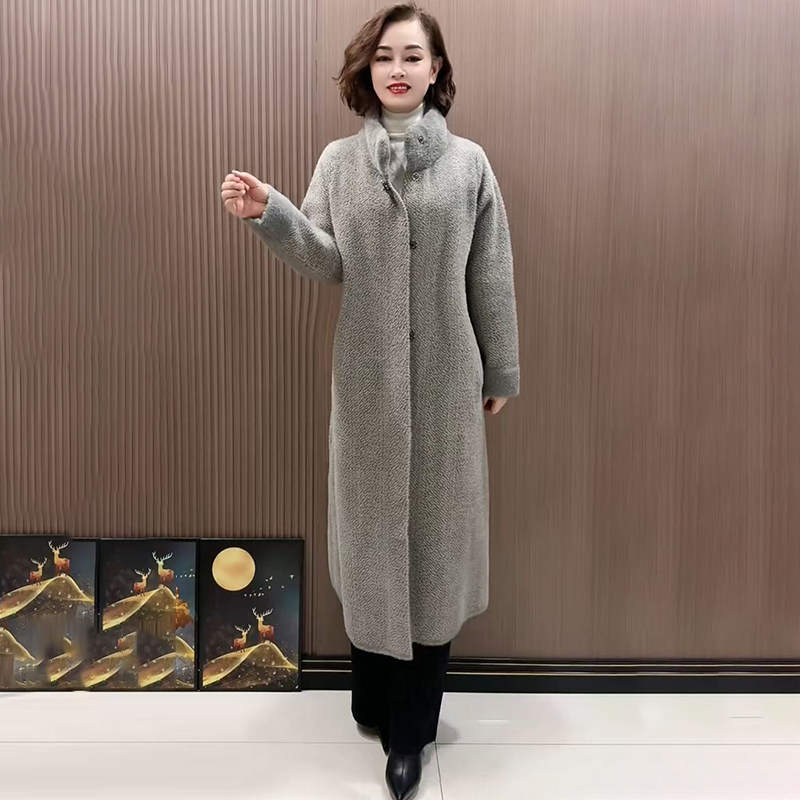 妈妈冬装新款大码女装气质高端立领皮毛一体水貂绒长大衣毛绒外套