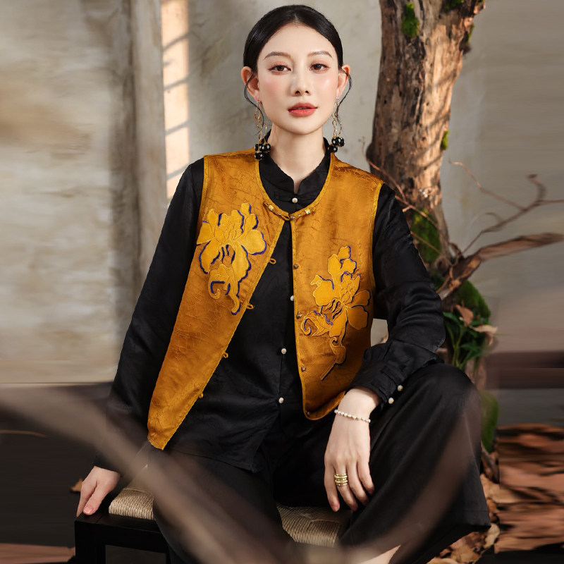 高品质!轻奢真丝绣花马甲外套女