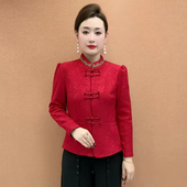 高端中老年妈妈加厚提花加绒保暖上衣本命年红色改良旗袍开衫 外套