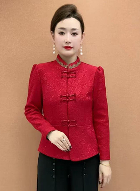 高端中老年妈妈加厚提花加绒保暖上衣本命年红色改良旗袍开衫外套