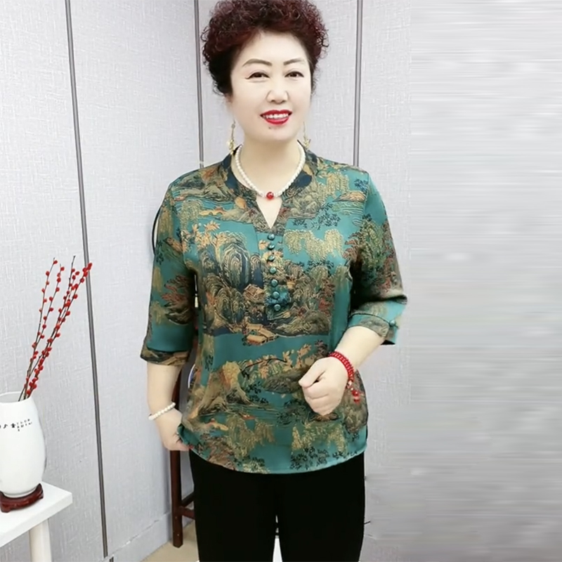七分袖复古山水画薄款真丝女装