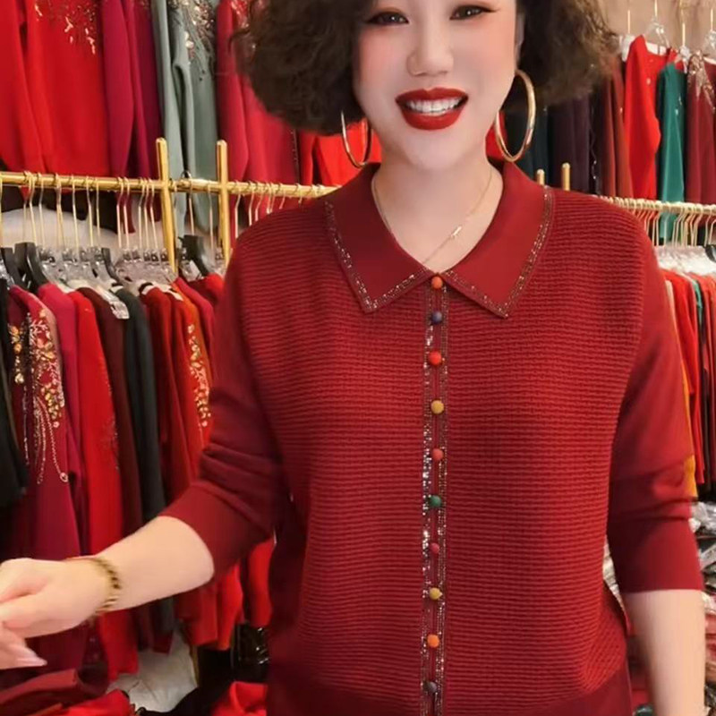 妈妈薄款翻领长袖针织衫女2026春季新中老年女装减龄烫钻打底小衫