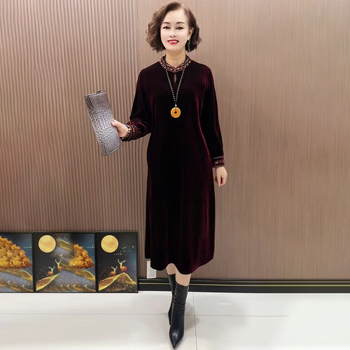 丝绒旗袍连衣裙气质妈妈打底长裙
