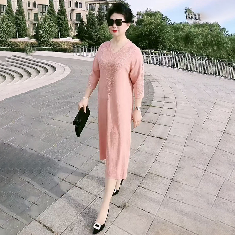 重工烫钻妈妈连衣裙针织打底裙子