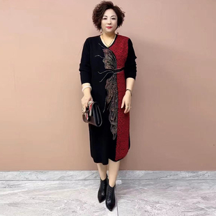 妈妈撞色连衣裙秋冬长袖 高端收腰显瘦200斤过膝减龄烫钻中长A字裙