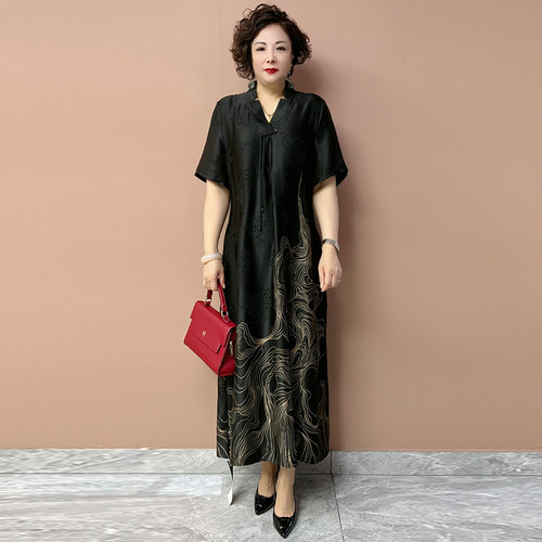 宽松大码200斤真丝连衣裙妈妈裙