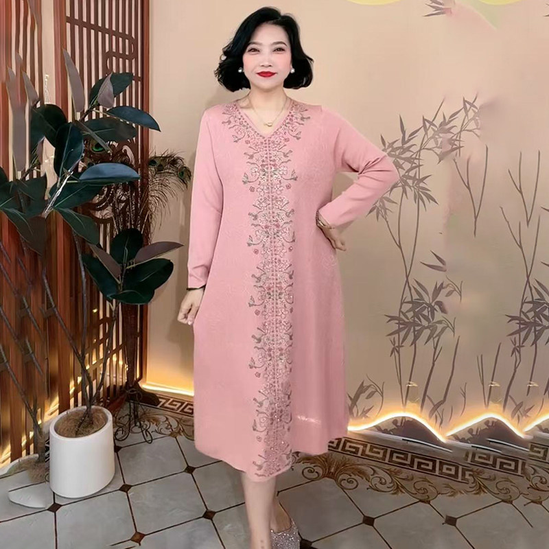 气质妈妈冰麻针织裙烫钻打底长裙