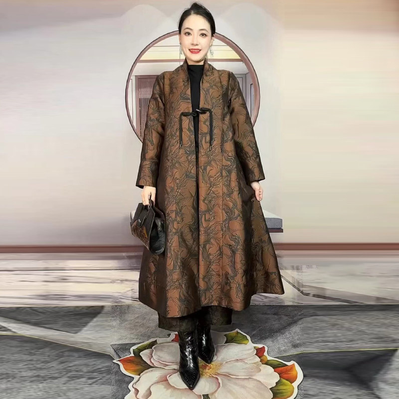 中式提花风衣外披女宽松妈妈外套