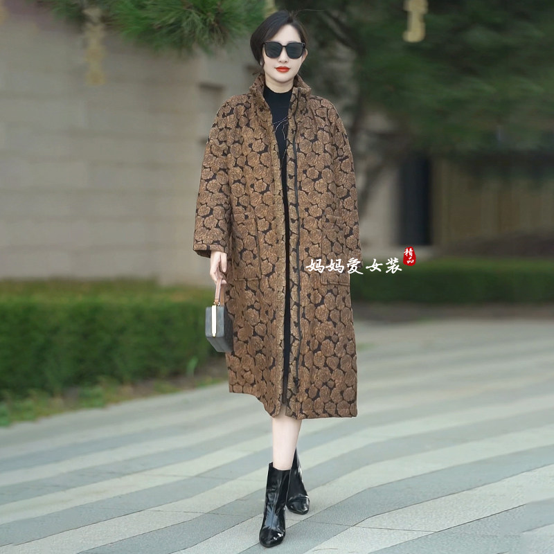 高品质!复古大码提花长款棉服女