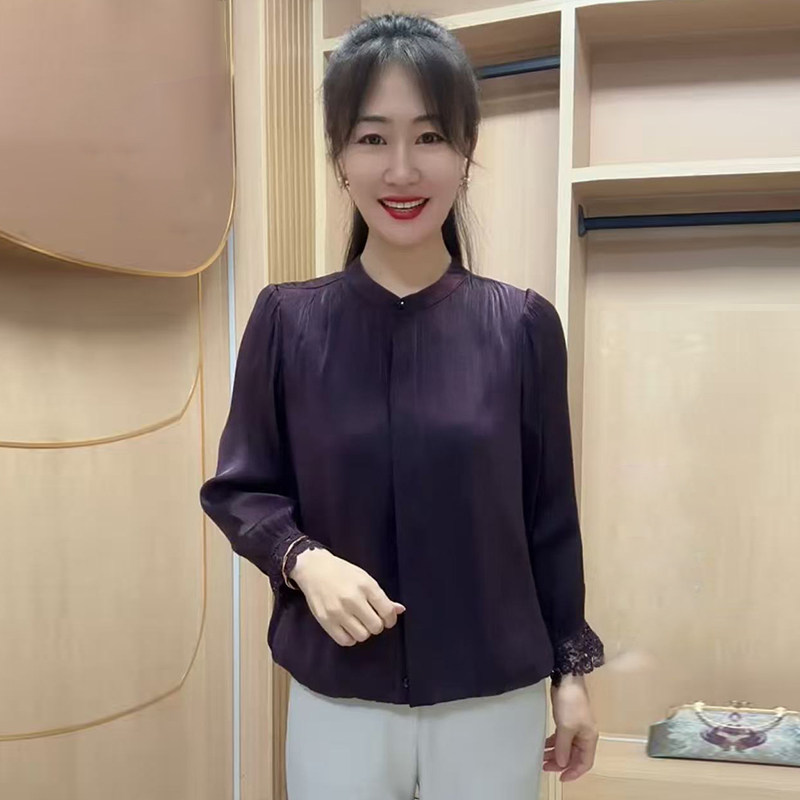 春秋高档圆领缎面丝光拼接蕾丝袖口垂感衬衫百搭开衫上衣时尚小衫