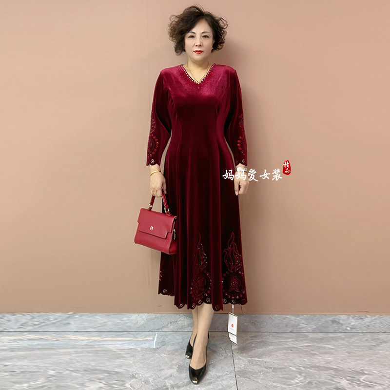 高品质！婚宴妈妈礼服丝绒连衣裙