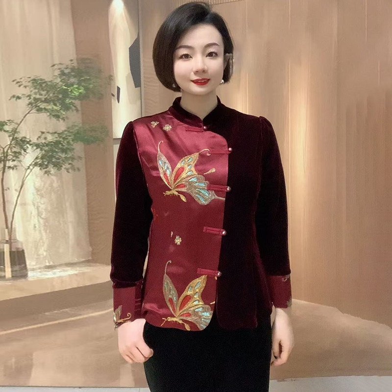 妈妈装秋冬丝绒拼接衬衫中老年新中式刺绣旗袍衫上衣开衫大码外套