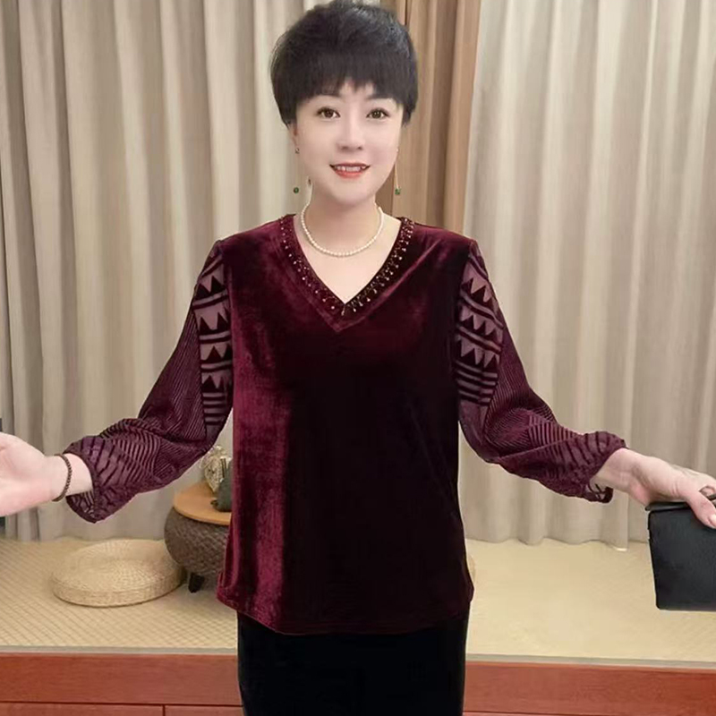 高品质！气质妈妈烫钻丝绒上衣女