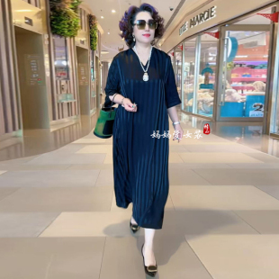 高端阔太太气质真丝连衣裙中老年妈妈夏短袖 宽松长裙子 加肥加大码