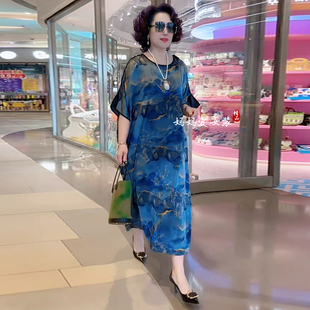新款 加肥加大200斤遮肉显瘦长裙子 真丝连衣裙夏季 中年妈妈蝙蝠袖