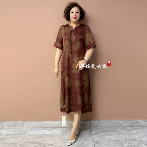 新中式妈妈真丝提花大码连衣裙