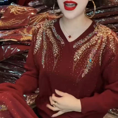 重工立体刺绣烫钻针织衫打底上衣