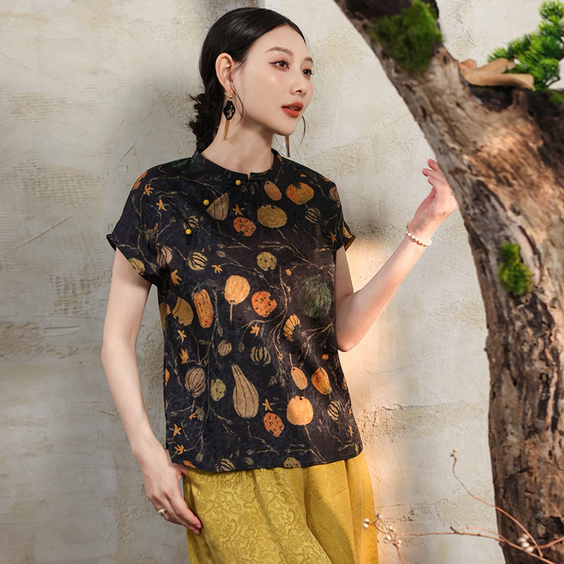 年轻款减龄趣味南瓜印花真丝香云纱衬衫女桑蚕丝新中式国风上衣