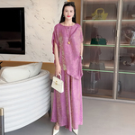 夏季复古大码新中式国风不规则上衣宽松阔腿裤气质显瘦两件套装女