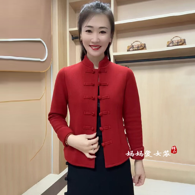 重工国风妈妈衬衫外套纯色上衣女