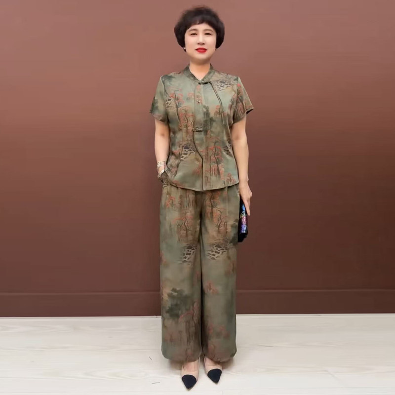 新中式国风妈妈真丝开衫两件套女