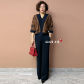 时髦中年妈妈时尚 针织上衣两件套 大码 春秋套装 女宽松气场阔太太装