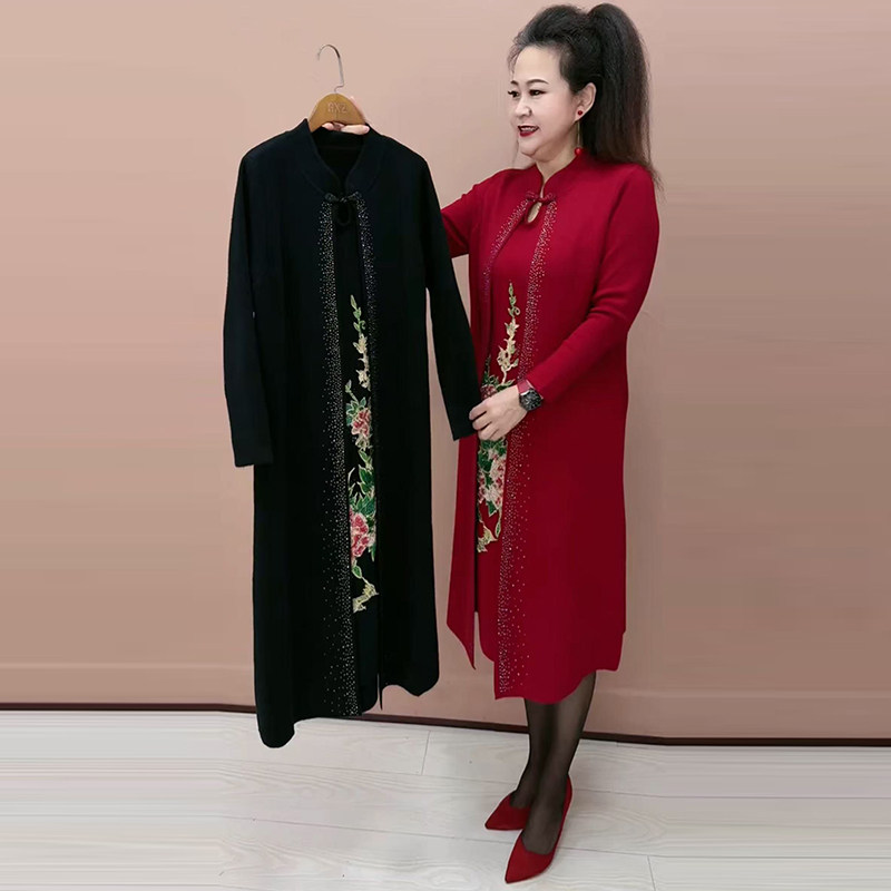 气质喜婆婆针织假两件刺绣连衣裙