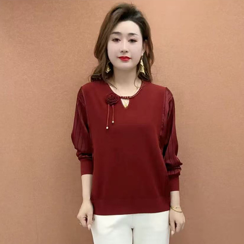 春秋显瘦套头休闲时尚打底衫长袖女针织拼接丝缎长袖立体盘花上衣,女装/女士精品,毛针织衫,淘宝优惠券,粉丝福利购,淘宝优惠卷