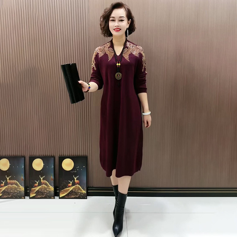 妈妈针织连衣裙时尚烫钻减龄长裙