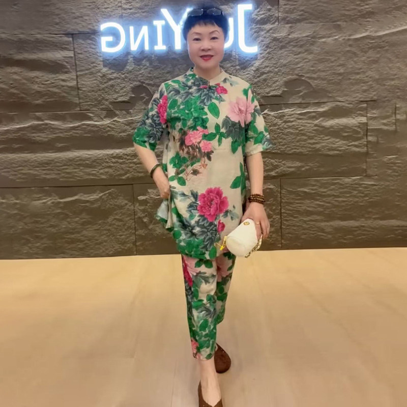 欧洲站夏季新款时尚百搭休闲薄款花色中长款上衣小脚裤妈妈两件套