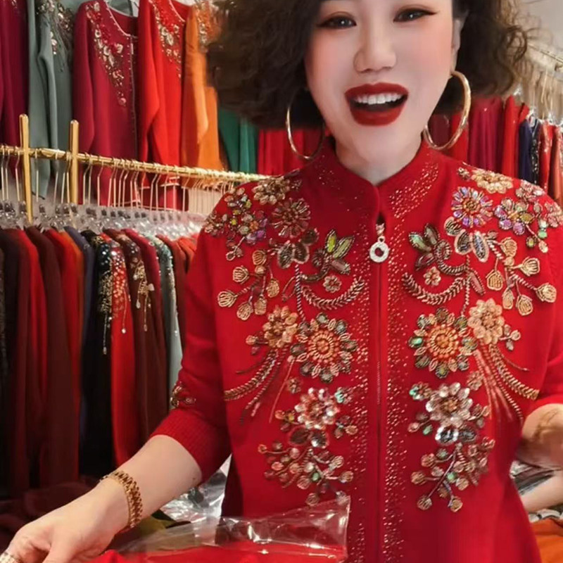 春秋新款重工烫钻穿珠针织开衫长袖洋气中年妈妈宽松大码上衣外套