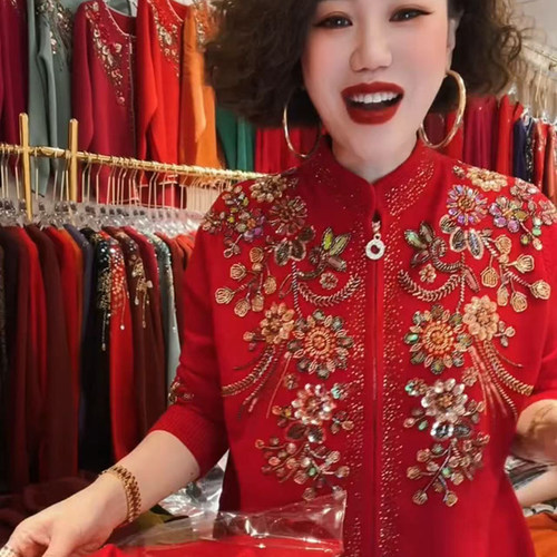 高品质！重工串珠镶钻针织开衫女