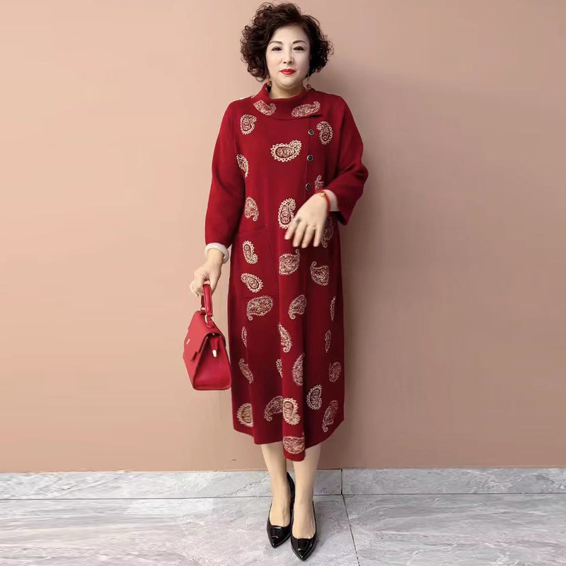 羊毛提花妈妈连衣裙大码显瘦长裙