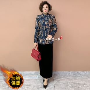 高端妈妈开衫冬季加绒保暖外套时尚提花修身弹力上衣复古旗袍套装