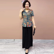 桑蚕丝夏季上衣+阔腿裤妈妈套装