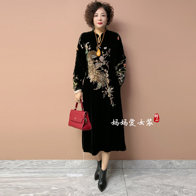 气质妈妈丝绒烫钻连衣裙打底长裙